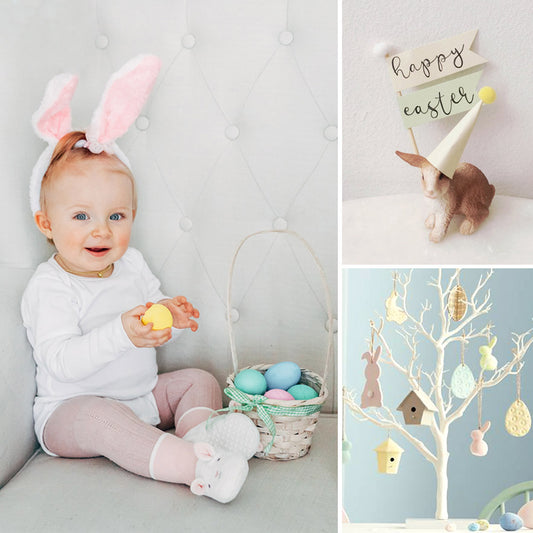 Collage of baby in Easter bunny ears, with Easter basket and Easter Tree